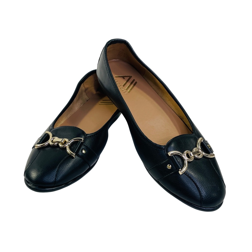 Aerosoles Womens Black Faux Leather Horsebit Buckle Ballet Flats Size 9.5 M